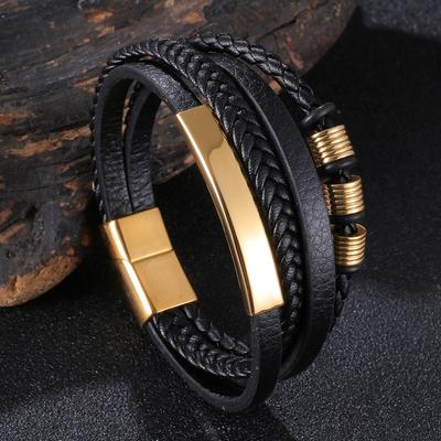 Trendy Meerlaags Design Bedelarmbanden Heren Leer Roestvrijstalen Sluiting Bedels Gevlochten Handarmband Homme BB1178