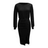 Women's Fashion Color Round Neck Waist Long Sleeve Slit Bag Hip Dress