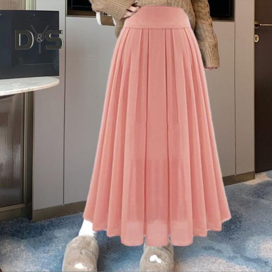 Women Skirt High Waist Pleated Loose Solid Color Elastic Waist Soft Double Layered Mid Calf Length Lady Prom Party Daily Midi Skirt