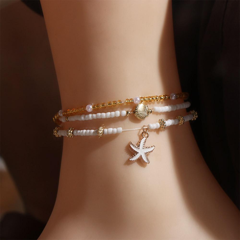 Multilayer Beaded Starfish Shell Ankle Chain Three-Layer Beach Foot Jewelry  Summer