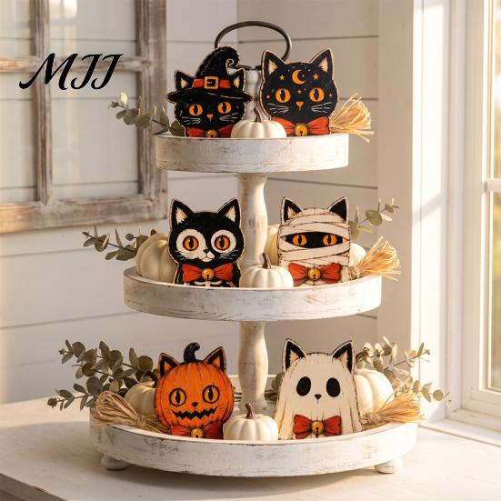 Fall Home Decor for Tables Vintage Halloween Wooden Decor, Cat Mummy Skeleton Figurines, Festive Tabletop Farmhouse Centerpiece Shelf Mantel