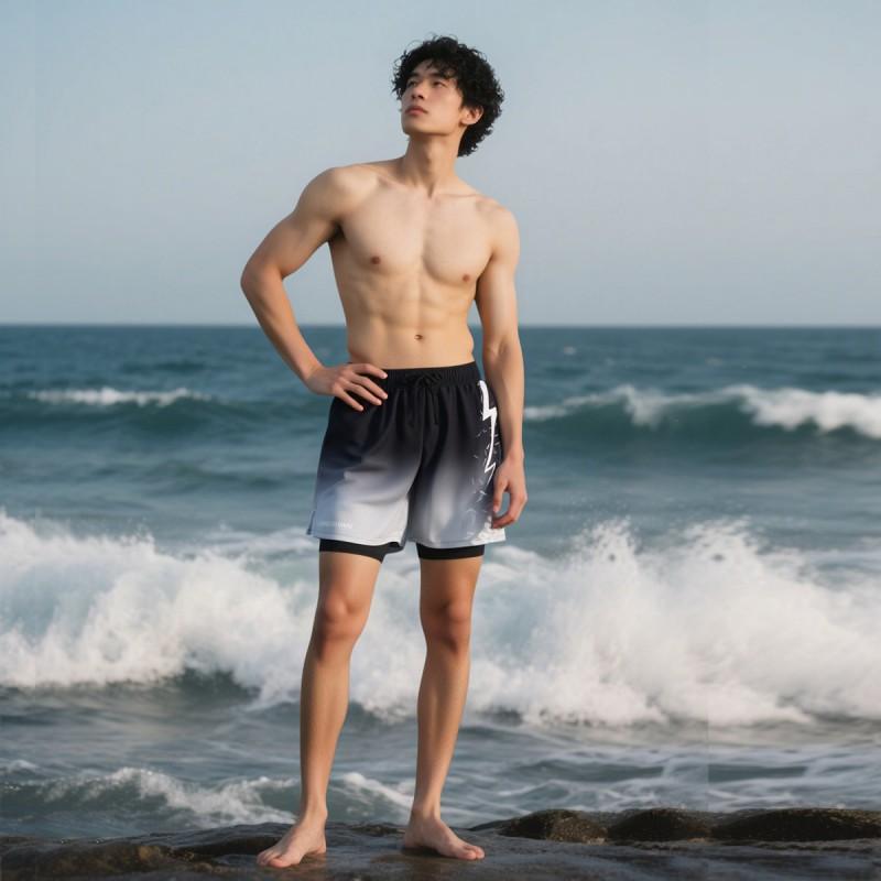 Mens Quick-Dry Double-Layer Swim Trunks With Built-In Briefs Loose Fit Breathable Water Sports Shorts Swimming Surfing
