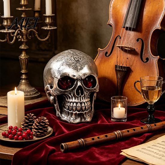 Halloween Party Zubehör Harz Totenkopf Figur, Realistisches Menschliches Kopfmodell, Gruselige Feiertagsgeschenk für Horrorfans Statue Innen Kamin Küche Gotisch