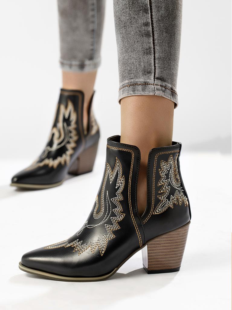 Fashion Classic Embroidered Leather Western Boots Woman Vintage V-Cut Ankle Booties Ladies Point Toe Block Heel Slip-on Autumn Shoes