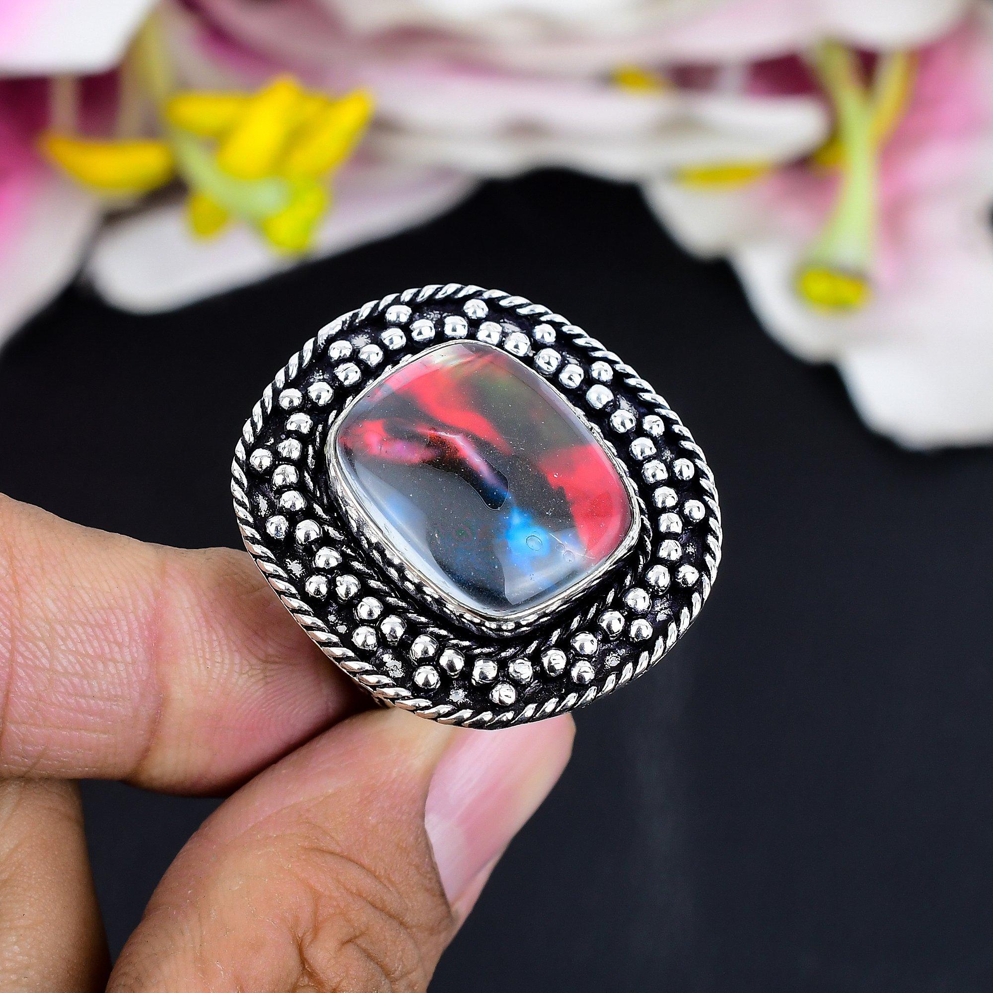 

Mexican Dico Glass Gemstone 925 Sterling Silver Jewelry Ring Size 9 KG-1666