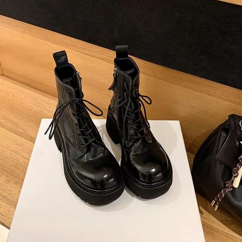 

Осенние винтажные кожаные ботинки на шнуровке с грубым каблуком в стиле локомотива, короткие уличные ботинки, женские ботинки Martin 40 чёрный