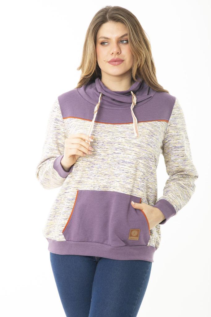 Women's Style Big Size Sweatshirt Large Size Eyelet Lace And Ornamental Button Detailed Kangaroo Pocket High Collar Sweatshirt