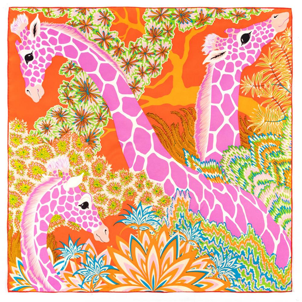 Trois Girafe Hijabs Foulard Femme Bandana Fait Main Sergé Bouclé Soie Carré Foulard de Luxe Foulards de Tête Écharpes 90Cm