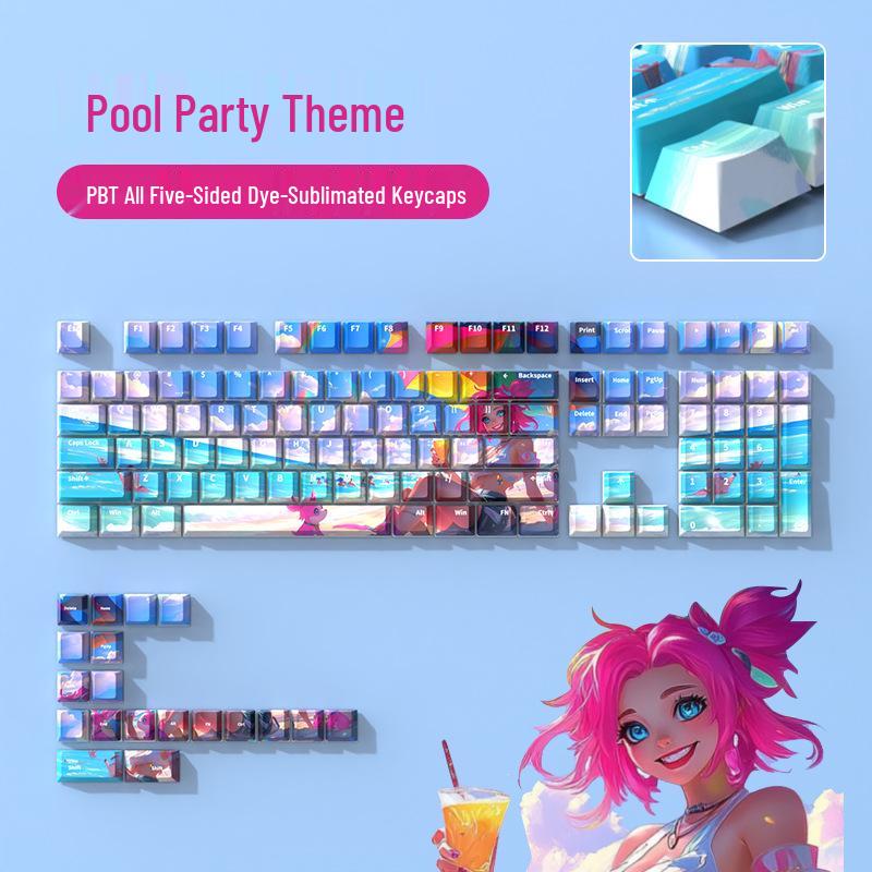 Swimming Pool Party PBT Dye-Sublimation Keycaps - Side-Printed, Translucent, Custom Creative Design