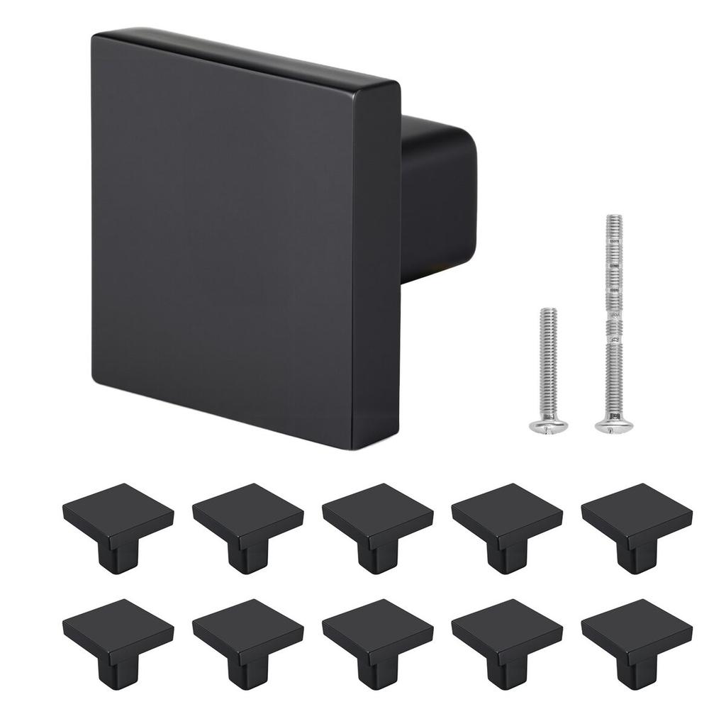 Cabinet Knobs, 10 Pack, 30 Mm Black Zinc Alloy Drawer Pulls & Door Handles, Square Kitchen Solid Knobs Dresser Handles, Cupboard Hardware with Screws