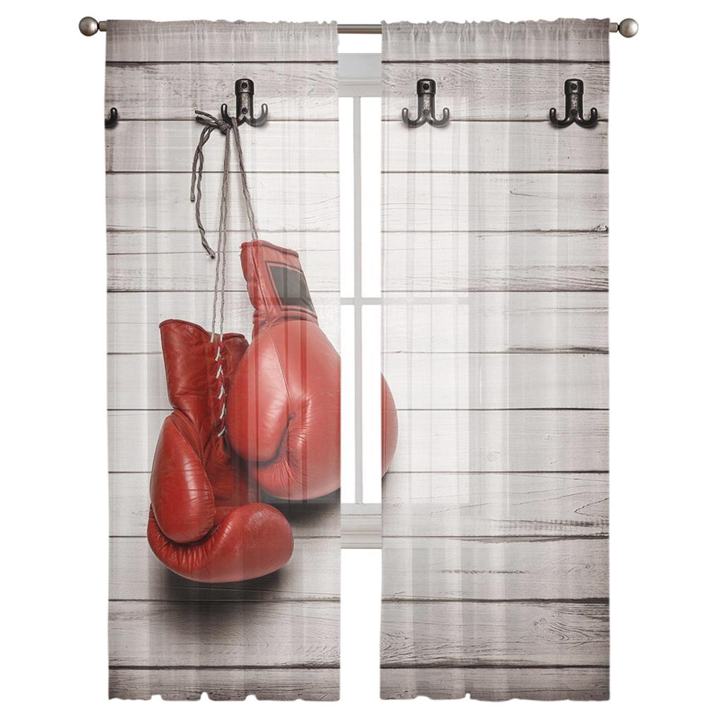 Rote Boxhandschuhe gegen Holzwand Tüllvorhänge für Wohnzimmer Schlafzimmer Dekor Transparenter, durchsichtiger Voile-Fenstervorhang