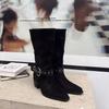 Cowhide version White Deer leather thick heel medium boots retro belt buckle pointed western cowboy boots knight boots