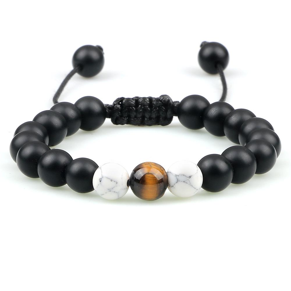Beaded Bracelet with Adjustable Tiger Eye and Volcanic Lava Stones, 8mm - Creative Woven Hand Rope