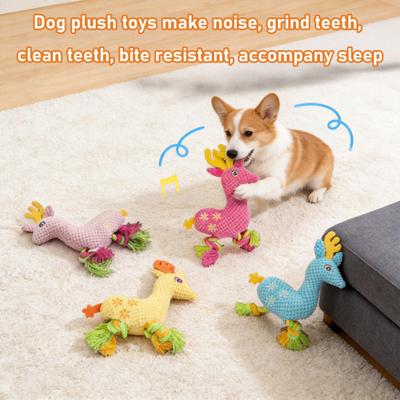 Plush Deer Dog Toy Squeaky Stuffed Deer with Knotted Rope Legs Dog Chew Toy for Dogs Snuggling Teeth Cleaning Anxiety Relief