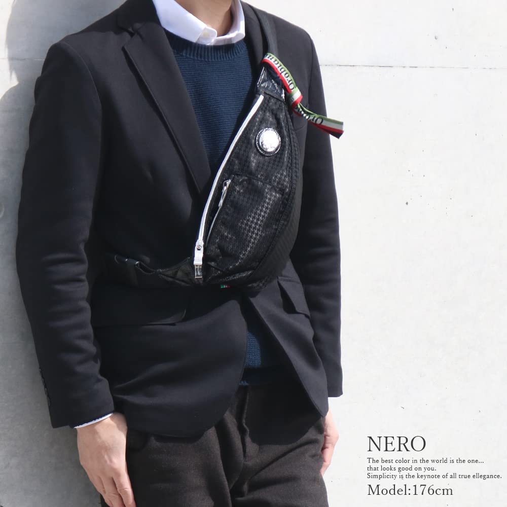 OROBIANCO DIDAL Limonta Nylon and Houndstooth Leather Shoulder Bag for Made In Mini Brand Name GOCCIA-C (NERO/Black) Men, Italy, Crossbody, Nylon,