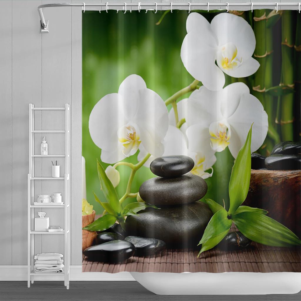 Venkovská krajina Sprchové závěsy Potok Kámen Lotos Buddha Koupelnový závěs Přírodní scenérie Vodotěsná Koupelna Domácí dekorace s háčky