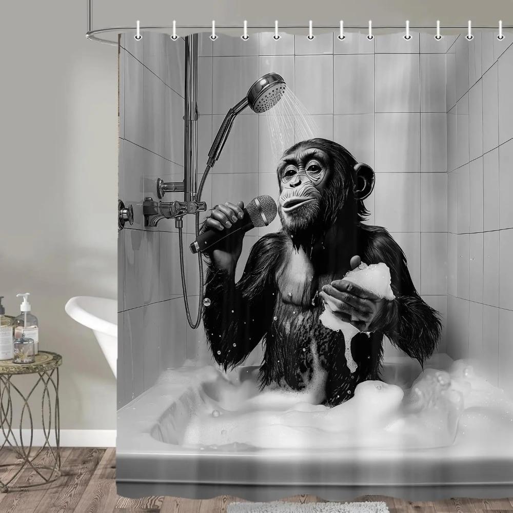 Funny Monkey Printed Shower Curtain Chimpanzee Singing In Bathtub For Bathroom Decor
