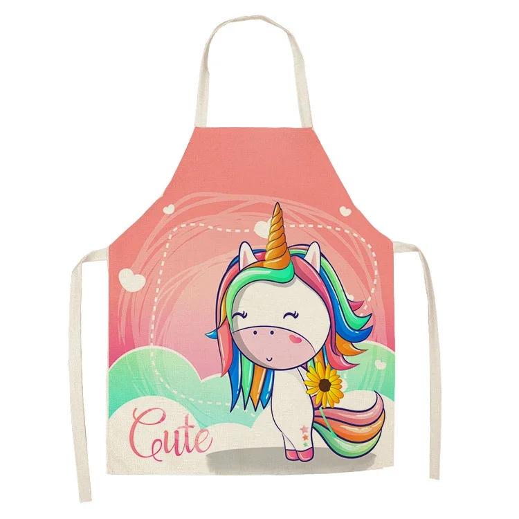 1Pcs Kitchen Apron Cartoon Unicorn Music Printed Cotton Linen Aprons for Women Men Cooking Accessories Delantal Cocina Mujer