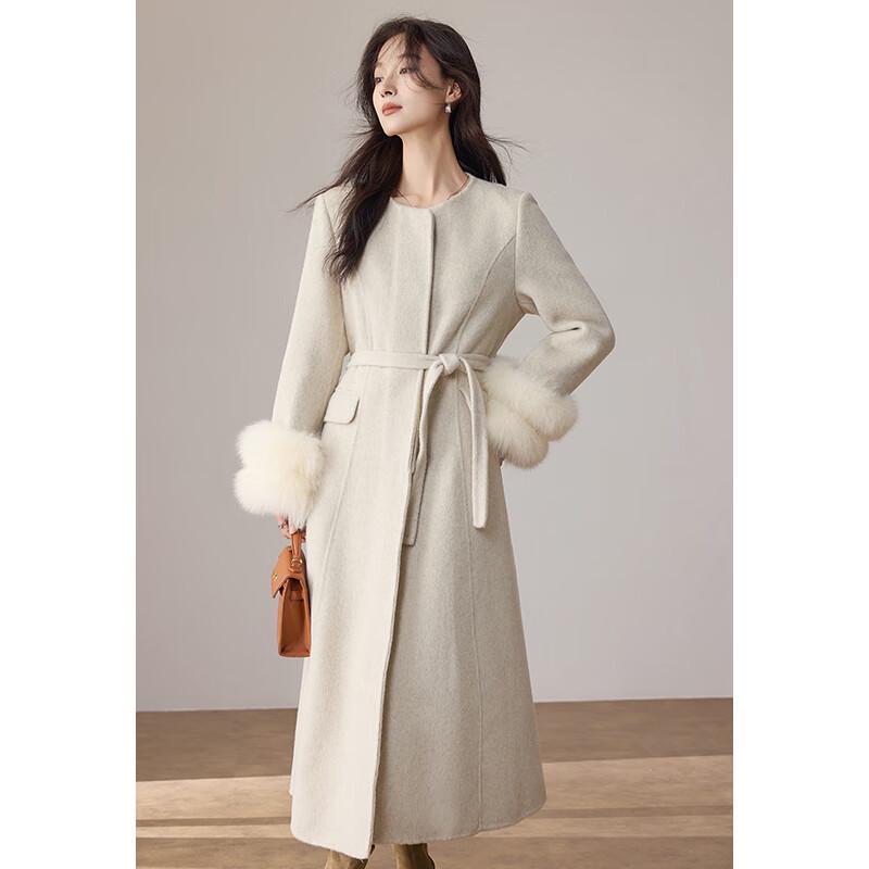 VICTORIA&VERA Women's Fox Fur Collar Wool Long Coat