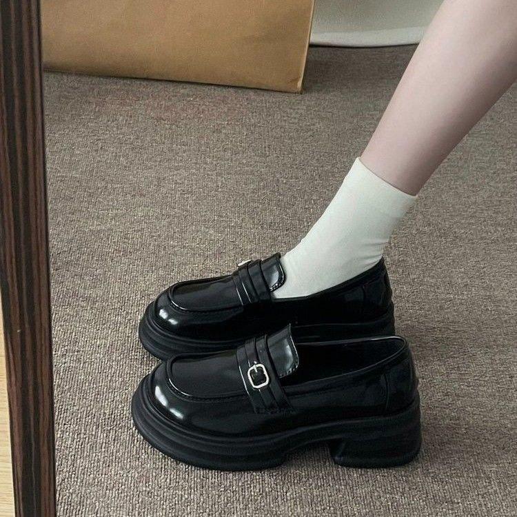 

Ретро взрыв британский стиль платформа на высокой подошве маленькие кожаные туфли женские 2025 осень новая французские лоферы на одной педали 35 чёрный