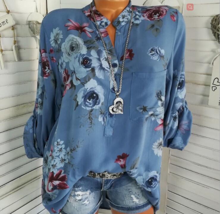 2023 Women's Lightweight French Collar Loose Fit Printed Long Sleeve Shirt