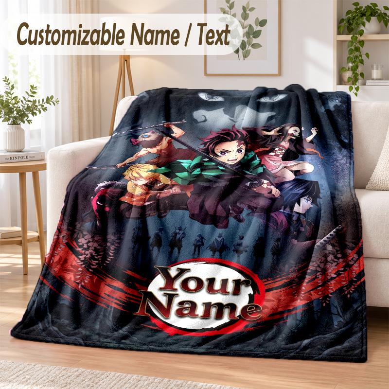 Demon Slayer Custom Name Flannel Throw Blanket Soft Warm for Sofa Bed Indoor Home Use