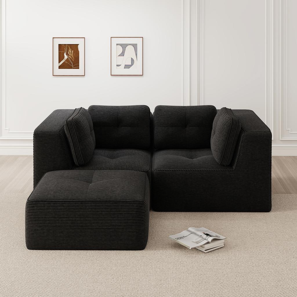 Modular Corner Sofa, Two-seater, Frameless L-shaped with Movable Footrest, Corduroy Fabric, Suitable for Living Room and Bedroom, Black