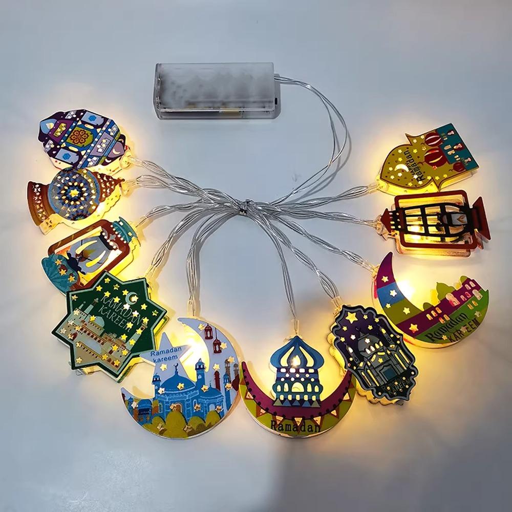 Colorful Lighting EID Mubarak String Lights Battery Operated Moon Star Castle Lamp  Home Decoration 165cm/64.96in-Warm White