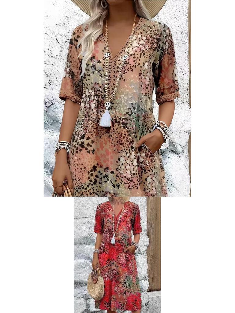 2026 European & American Fashion V-Neck Lace Trim Printed Short-Sleeve Dress