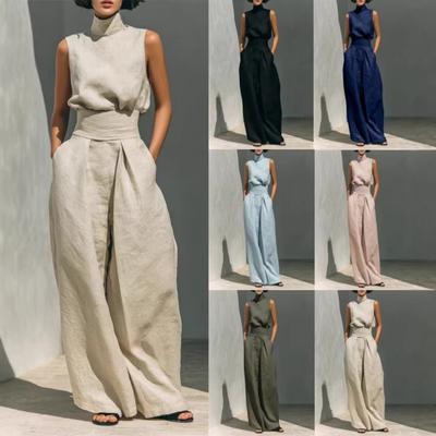 Ponto para primavera e verão, roupas femininas europeias e americanas de algodão e linho, calças sem mangas, terno casual feminino