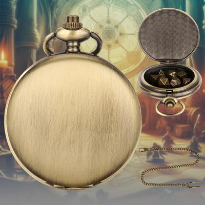Bronze Two-Sided Pocket Watch Case with DND Dice, Thick Waist Chain - 2024 Edition