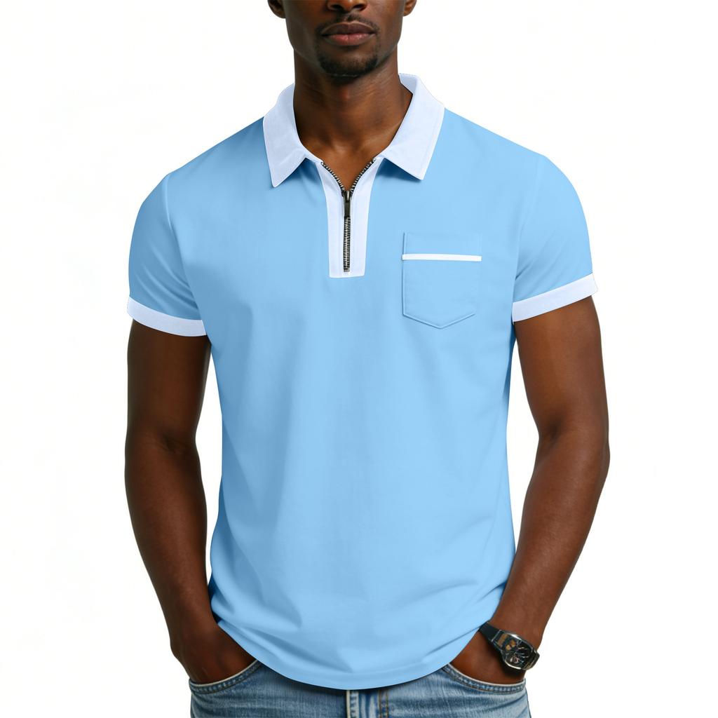 Men's Short Sleeved Casual Sports Shirt With 1/4 Zipper And Pocket