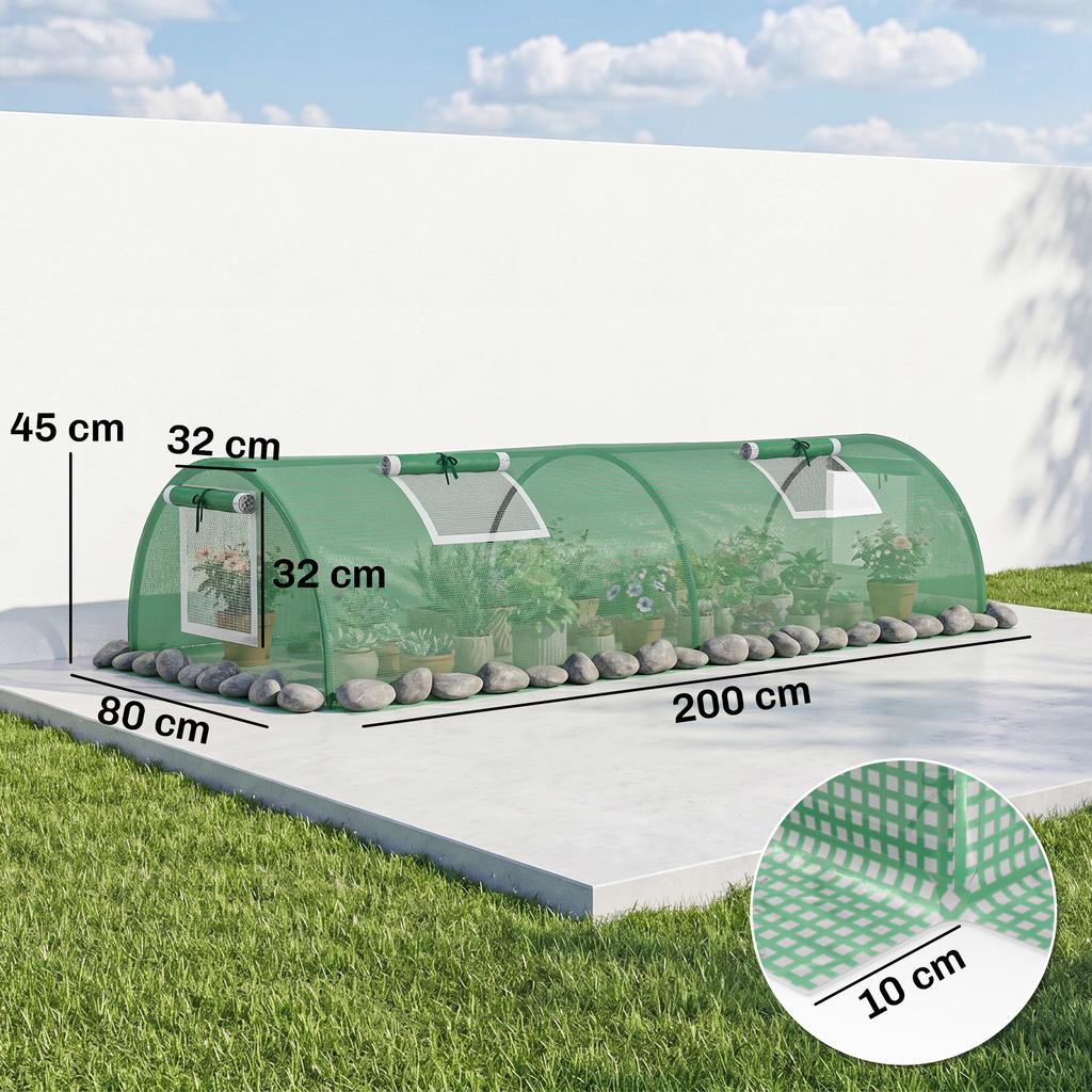 Mini Garden Greenhouse, Tunnel for Tomatoes, 200 X 80 X 45 Cm, Steel, PE, 4 Mesh Doors, Green