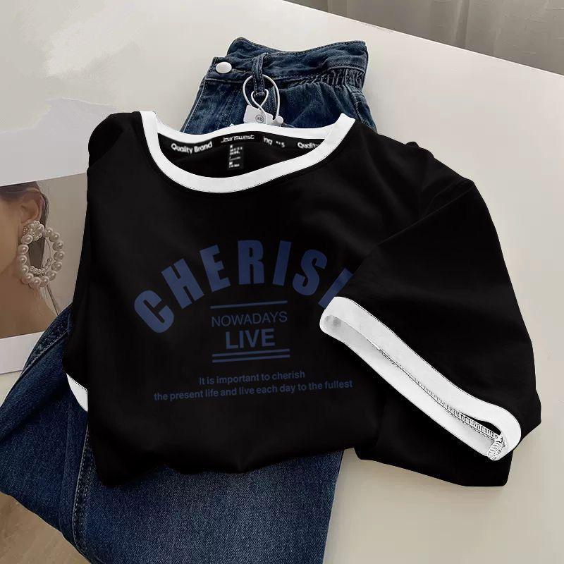 

2024 Women s Retro Contrast Stitch Cotton Slim T-Shirt - Short-Sleeved Round Neck 3XL (160-180 Jin)