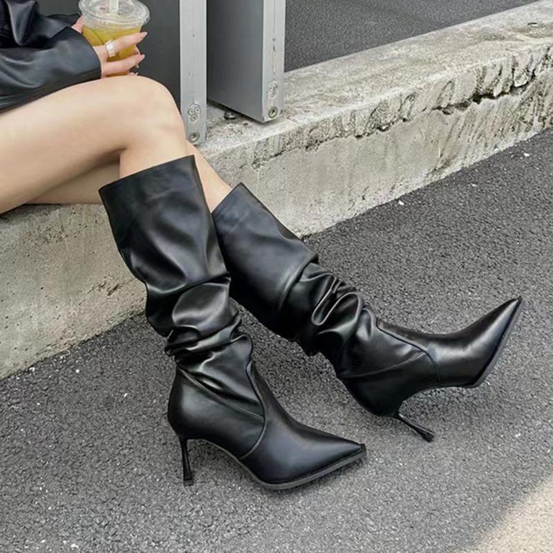 Fashion Comemore Autumn Winter Women's Boots New Pointed High Heels Sexy Pleated Thin Heels Female Fashion Versatile Mid Length Boots