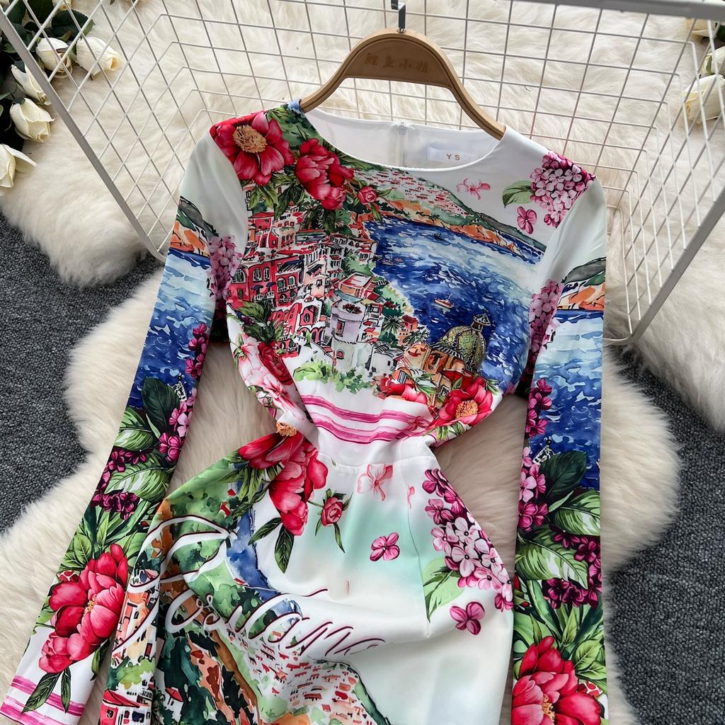 Spring Autumn Women Designer Vintage Print Runway Dresses O-neck Long Midi Office Party Slim Pencil Dress