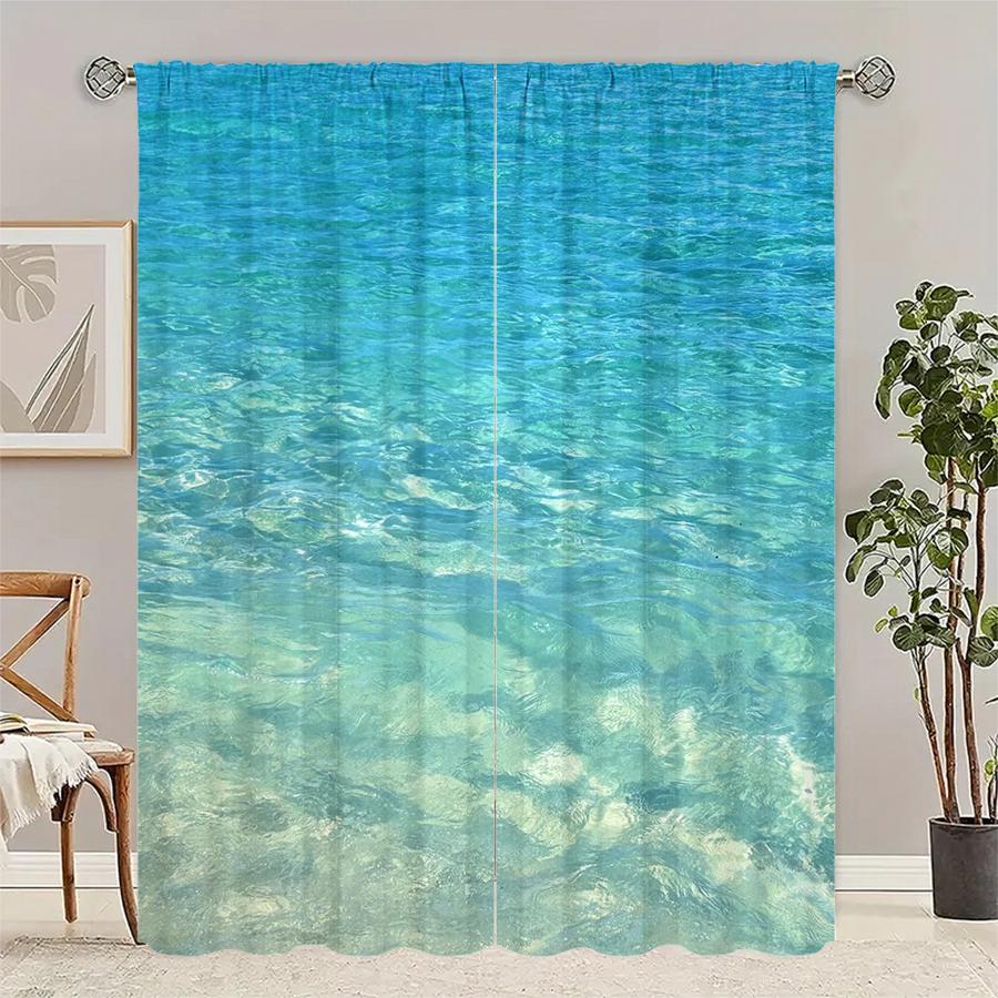 Set Of 2 Blue Ocean Print Curtains Pole Bag Christmas Decorations Home Room Curtain Polyester