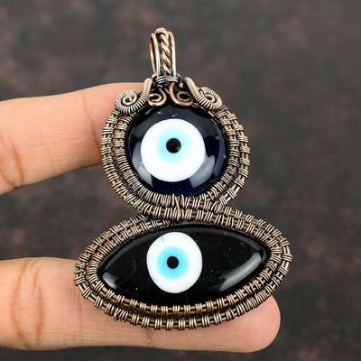 Black & Blue Color Evil Eye Pendant Copper Wire Wrapped Jewelry Evil Eye Gemstone Pendant Handmade Copper Pendant Wire Wrap Pendant For Gift