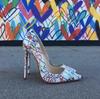 Fashion Multi colored d 12cm super high heels in pink and white patent leather, sexy and fashionable pointed thin single shoes