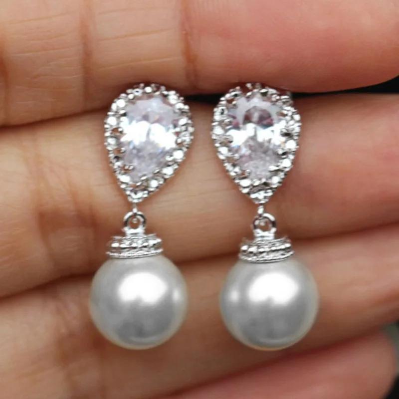 Simple Stylish Simulated Pearl Earrings with Cubic Zirconia Fashionable Women Silver Color Luxury Trendy Jewelry