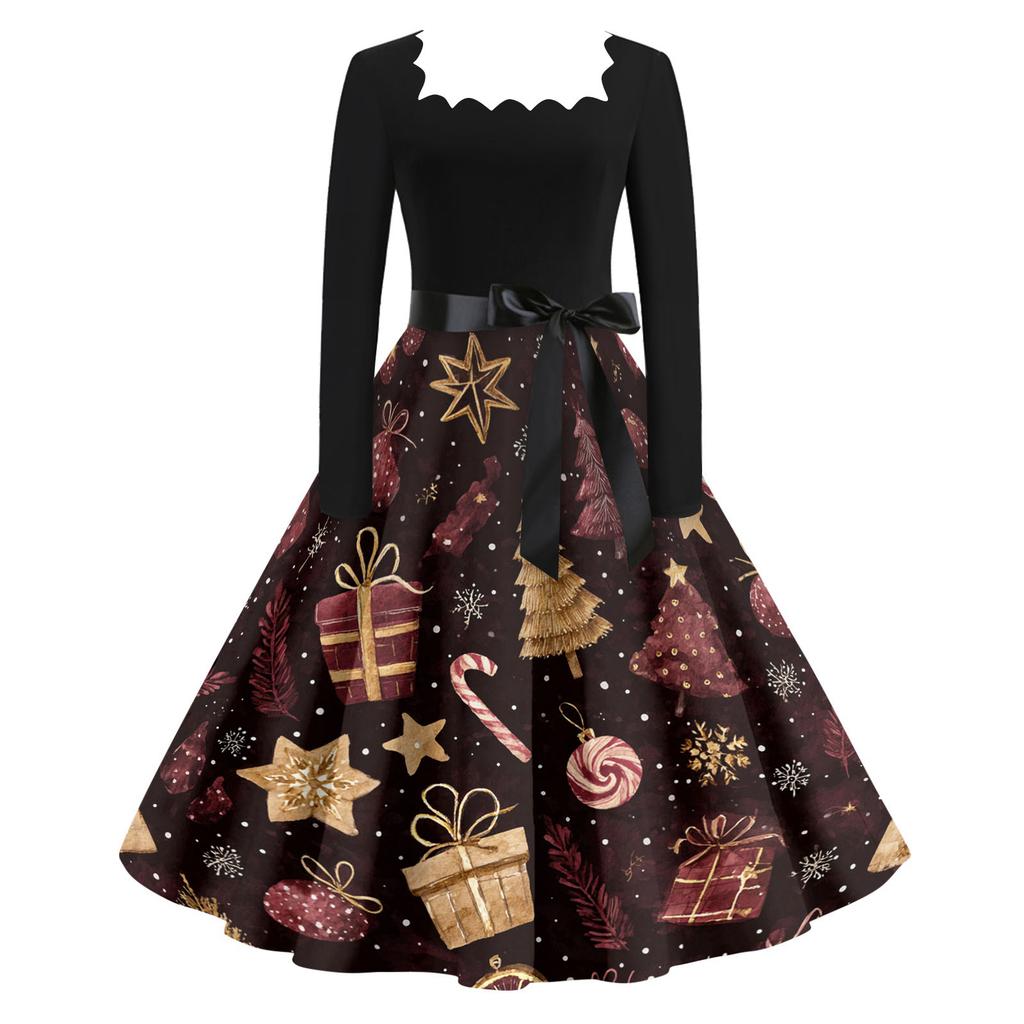 Women's Casual Fashion V Neck Christmas Printed Vintage Dress