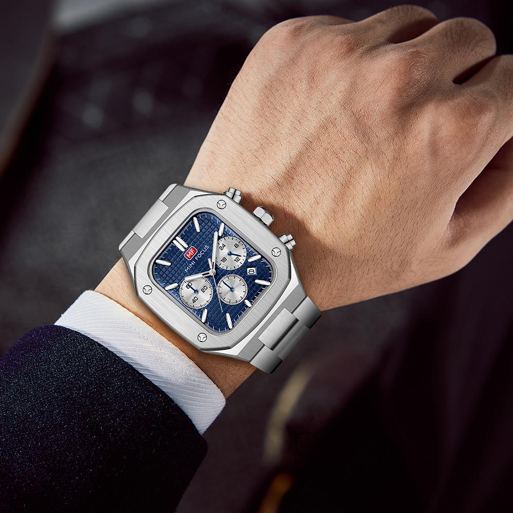 Top luxus s krabičkou MINI FOCUS Hodinky Čtvercové pánské hodinky Vodotěsné námořní hodinky Multifunkční pánské Quartz hodinky s ocelovým páskem