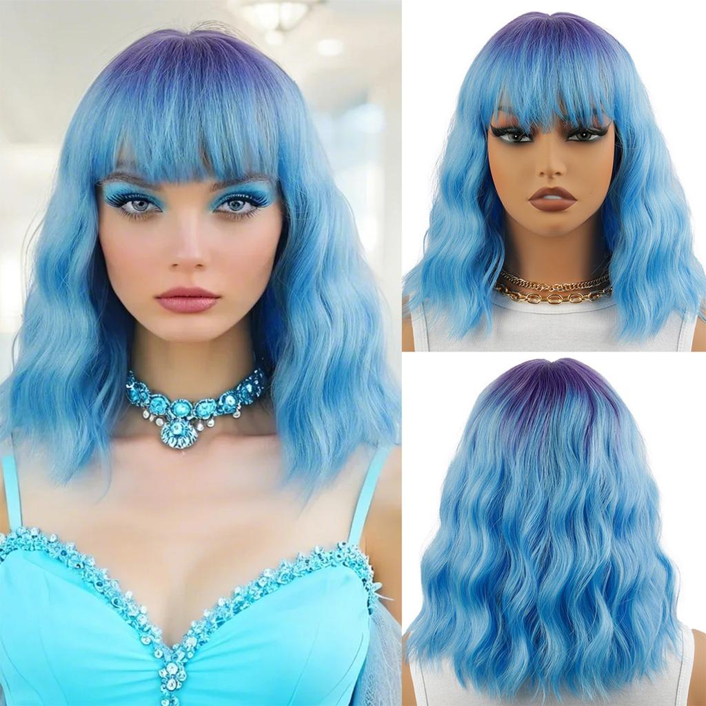 13inch Blue Short Bobo Wigs Natural Looking Breathable Wigs for Stage Movie Hair Styling