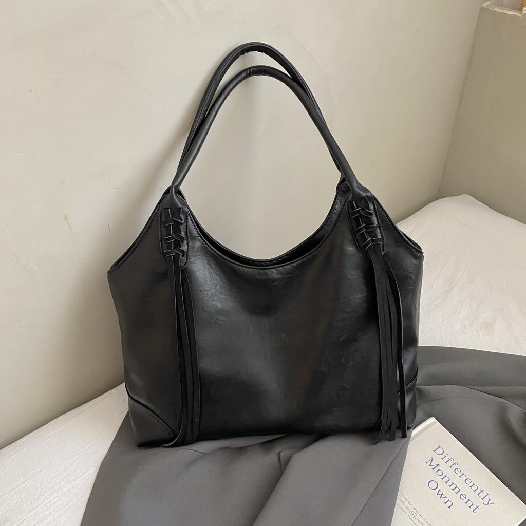 Retro Large Capacity Shoulder Bag for Women Korean Style Traveling Zipper PU Tote Bags Autumn New Solid Color Student Handbags