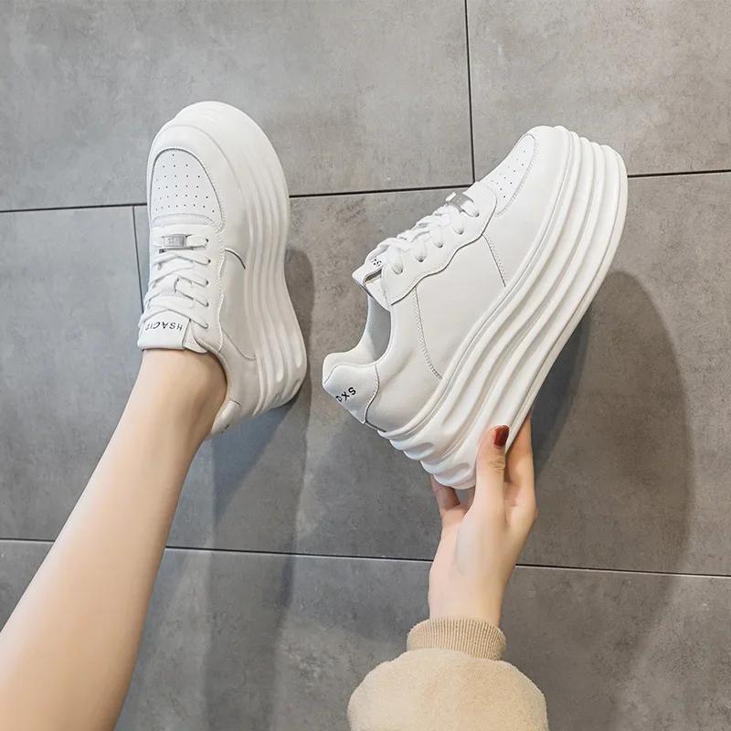Fashion 7.5CM Genuine Leather Vulcanize Comfy Spring Autumn Ankle Booties Women Platform Chunky Sneaker Loafer White High Brand Shoes
