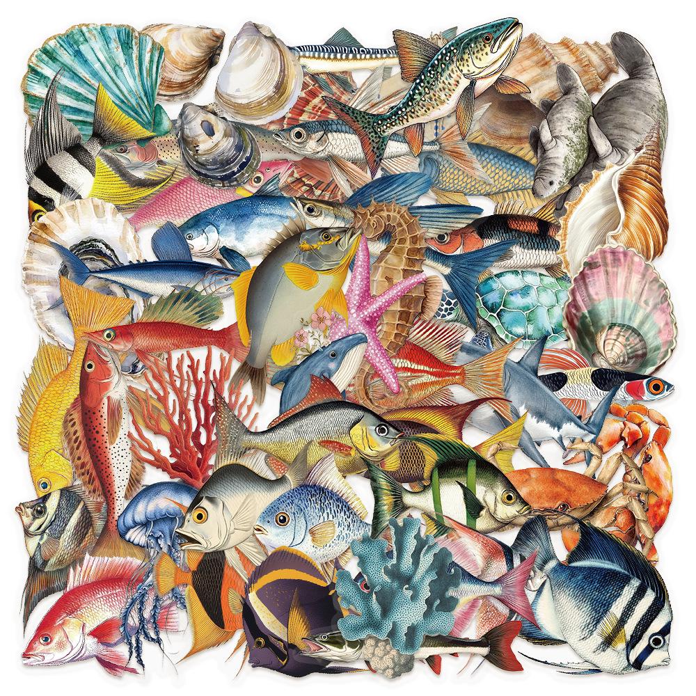 50 Ocean Creatures Fish Stickers - Creative Graffiti, Transparent PET, Waterproof for DIY Journals & Phone Cases