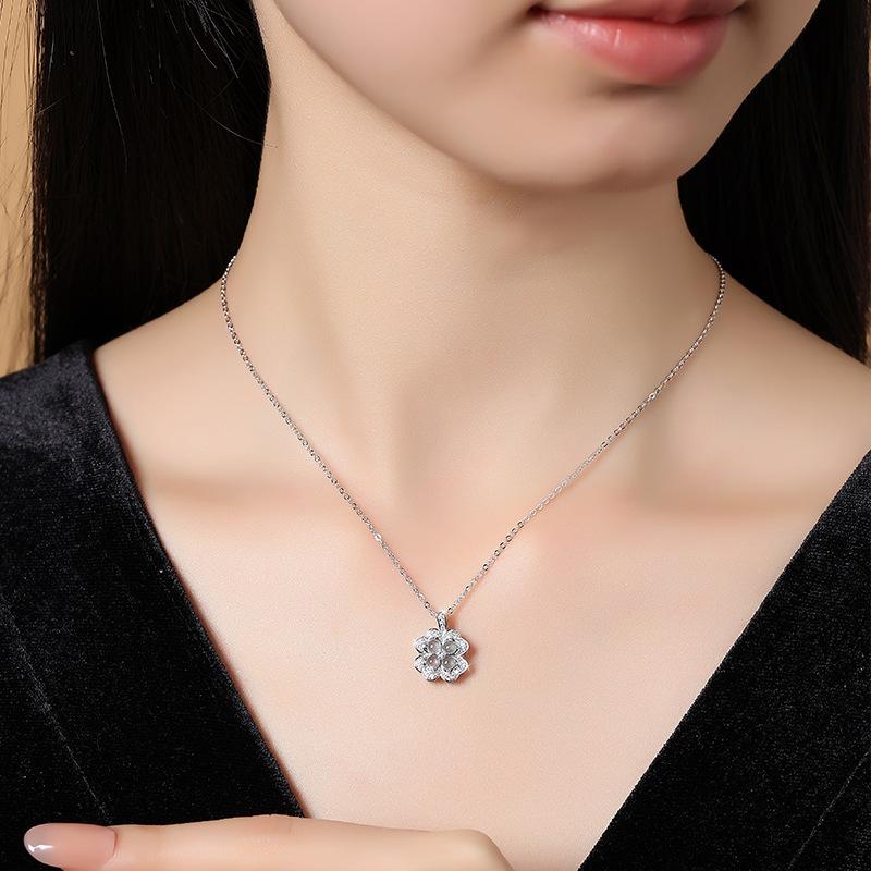 Beautiful High-quality Natural Dangerous Material Jadeite Blue Water Four-leaf Clover Necklace Sterling Silver S925 Premium Collarbone Chain Women