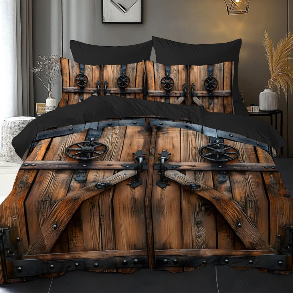Digital Printed Duvet Cover Set Featuring a Design Theme Pattern of Ancient Wooden Doors 100% Polyester Brushed Soft Comfortable