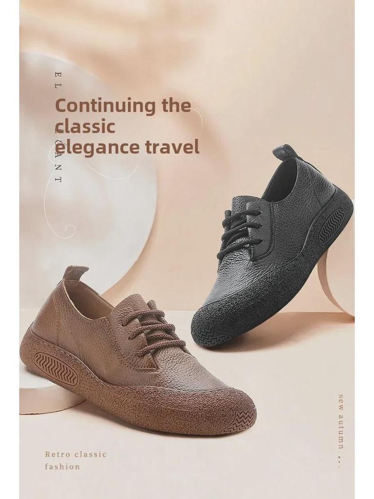 Women's Retro Lace-Up Leather Shoes - Round-Toed, Soft-Soled, Comfortable Casual Flats for Spring and Autumn