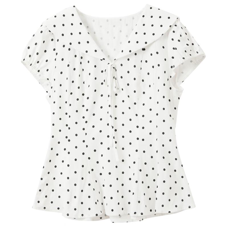 Sancai Puff Sleeve Navy Collar Polka Dot Blouse M